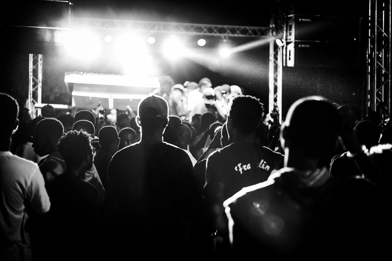 A dynamic black and white shot capturing a concert crowd under bright stage lights.